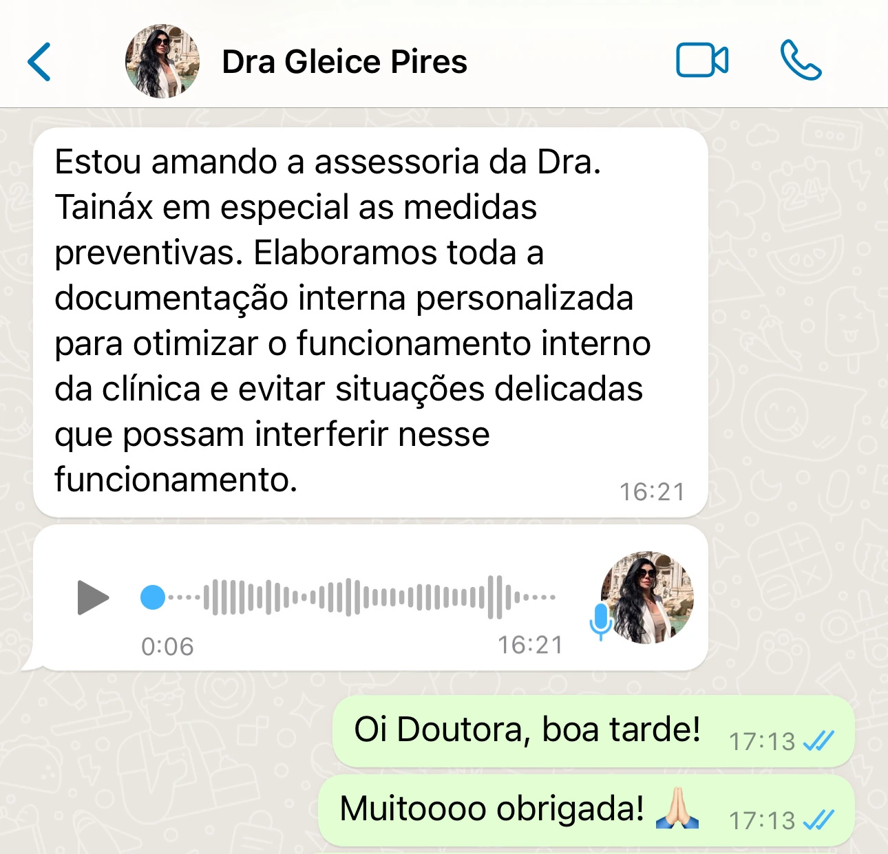 Captura de tela de conversa no WhatsApp com mensagem de Dra. Gleice Pires sobre a assessoria preventiva.