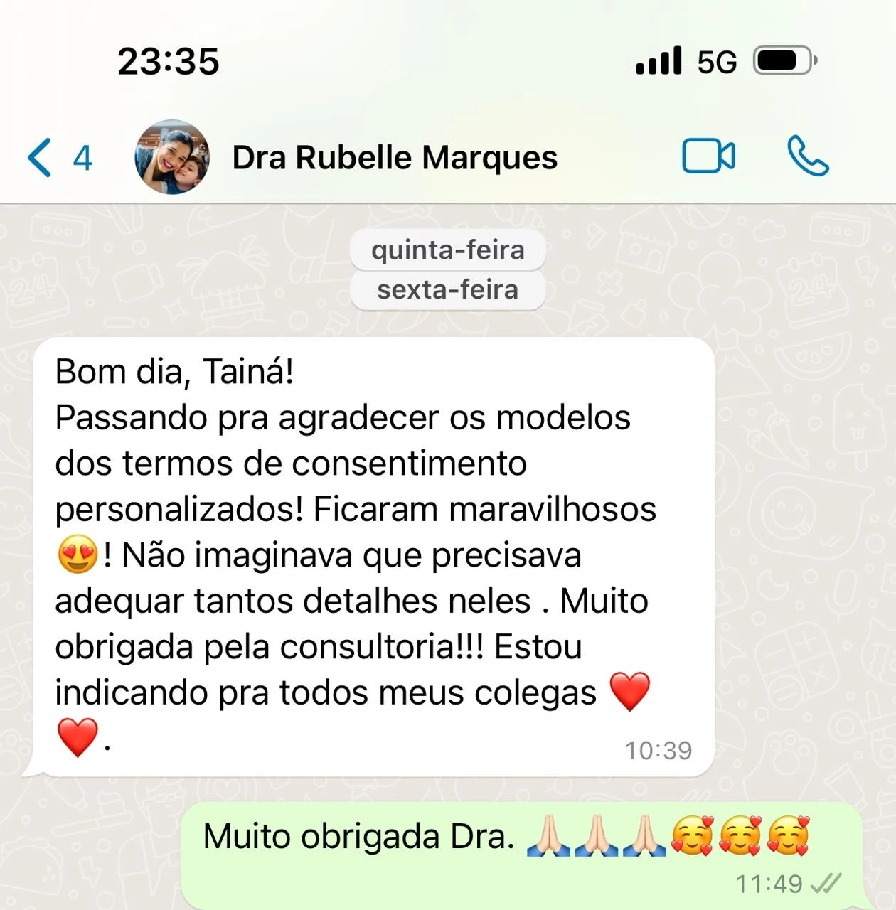 Captura de tela de conversa no WhatsApp com mensagem de Dra. Rubelle Marques sobre a assessoria preventiva.