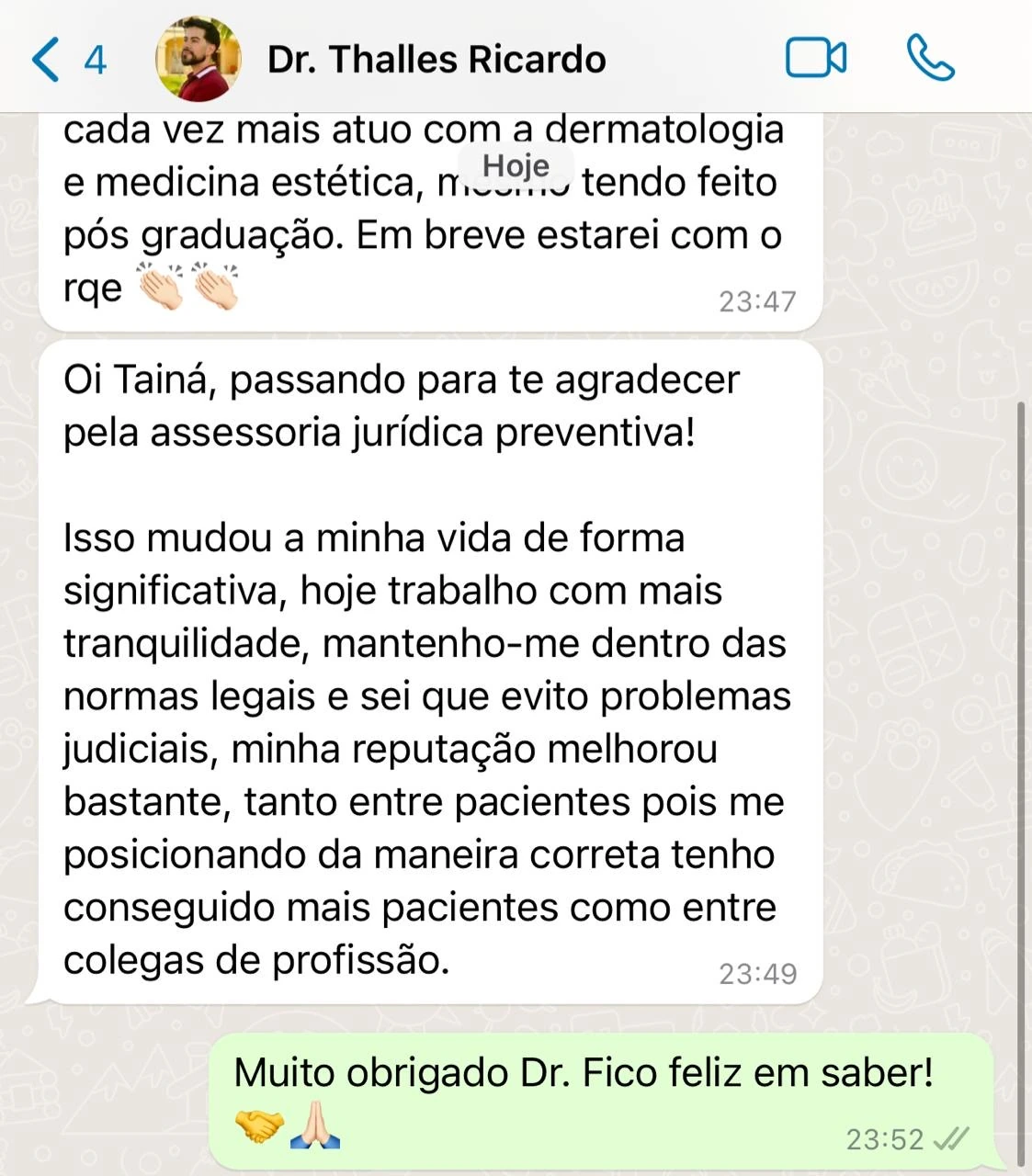 Captura de tela de conversa no WhatsApp com mensagem de Dr. Thalles Ricardo sobre a assessoria preventiva.